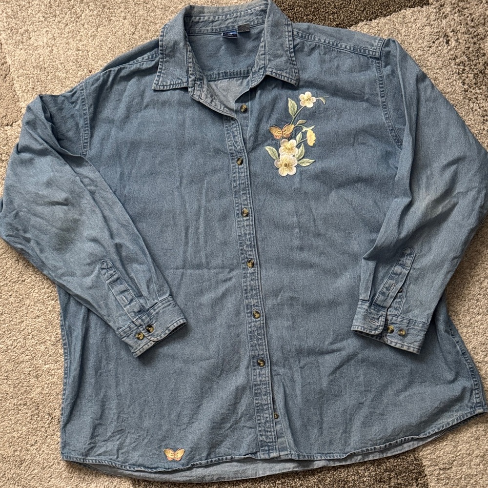 Port and Company Denim Button-Down Shirt with Floral Embroidery